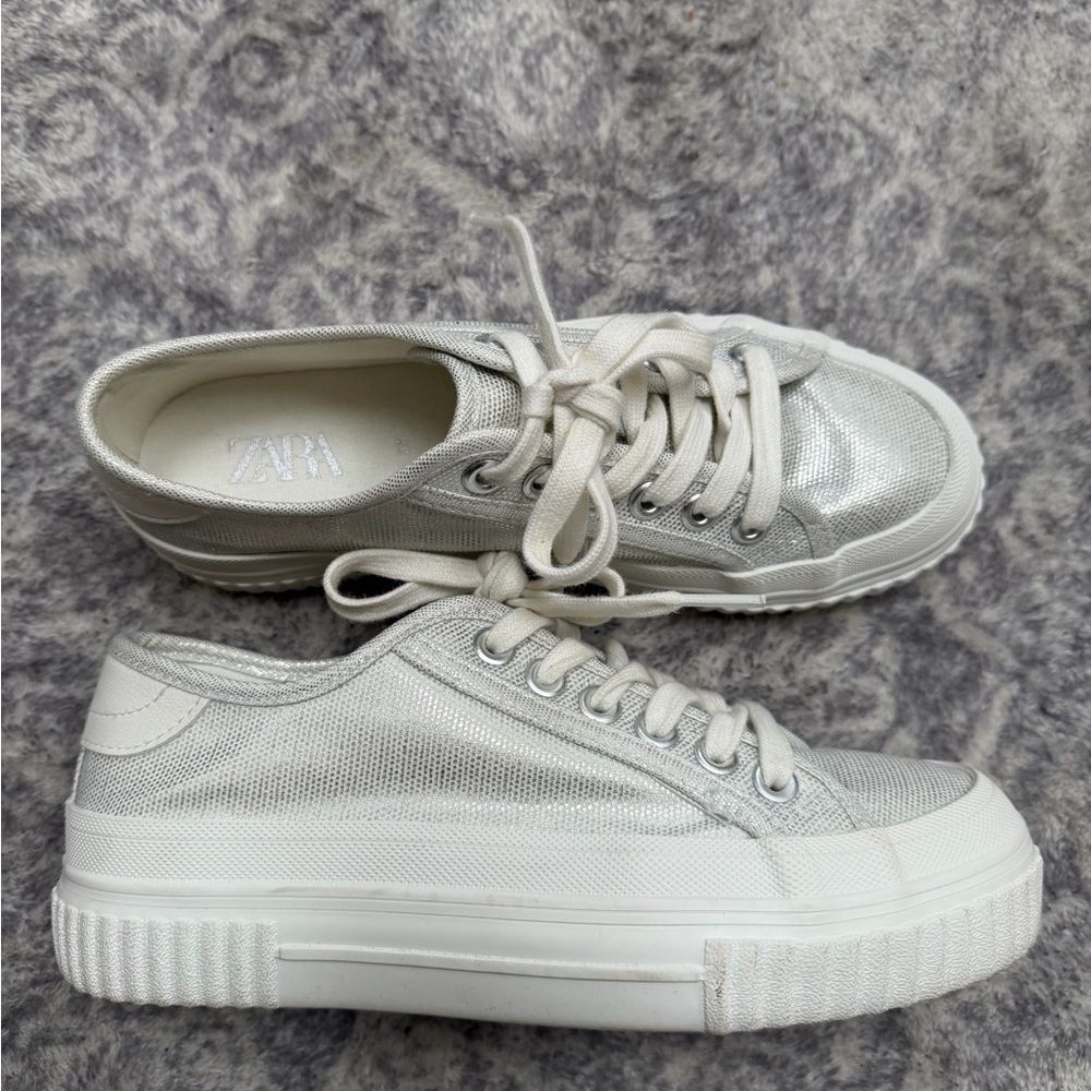Zara Metallic Silver Low-Top Platform Sneakers size 37